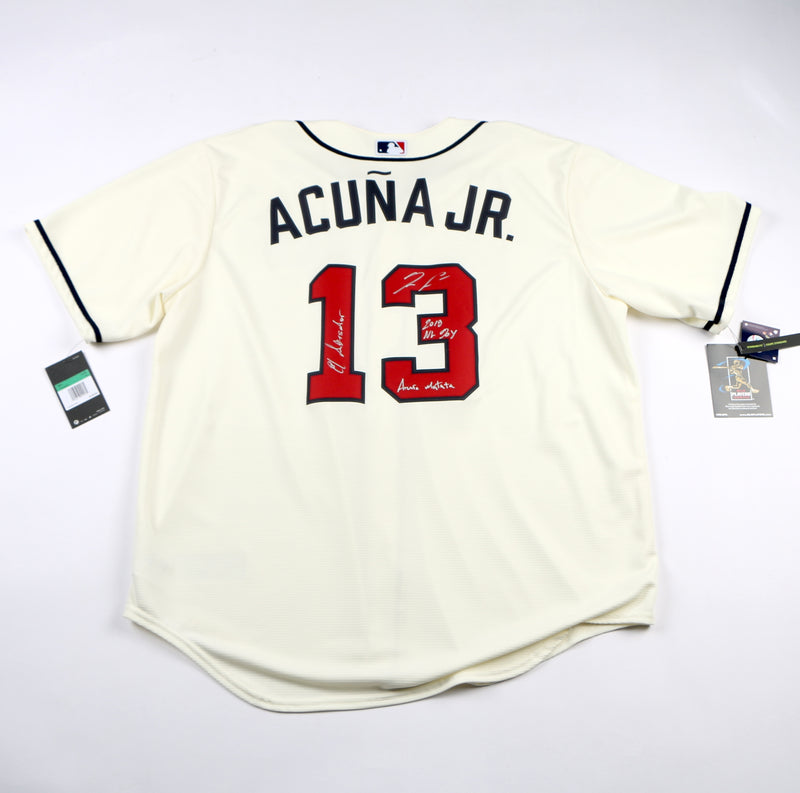 Ronald Acuna Jr. Signed Jersey Cream Atlanta Braves 3 Inscriptions Beckett