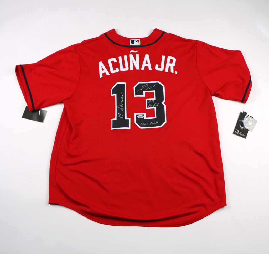 Ronald Acuna Jr. Signed Jersey Red Atlanta Braves Acuna Auto 3 Inscriptions Beckett