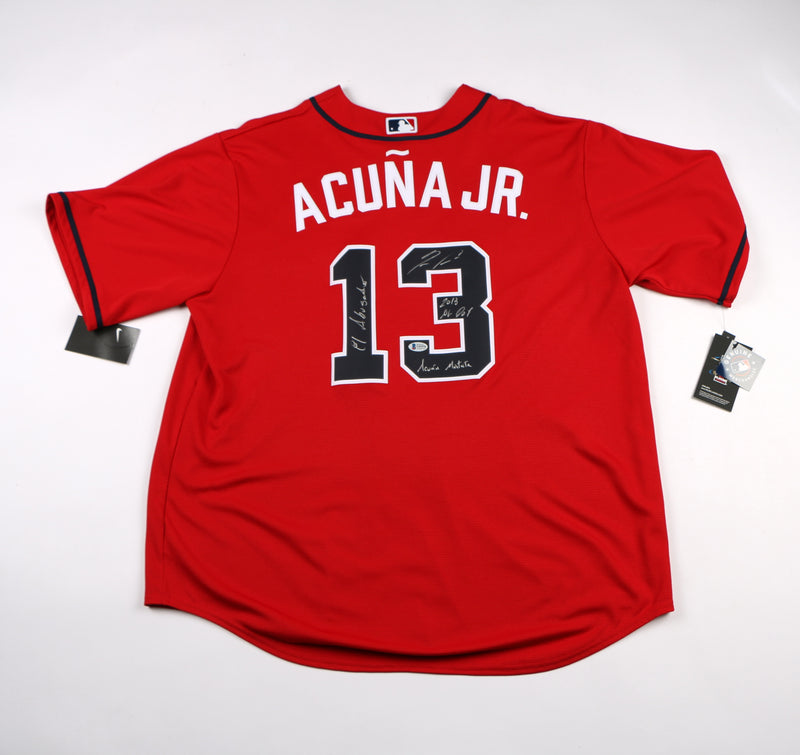 Ronald Acuna Jr. Signed Jersey Red Atlanta Braves Acuna Auto 3 Inscriptions Beckett