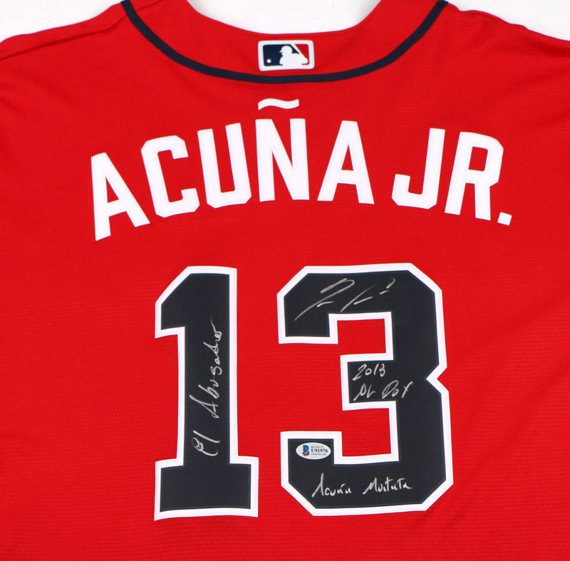 Ronald Acuna Jr. Signed Jersey Red Atlanta Braves Acuna Auto 3 Inscriptions Beckett