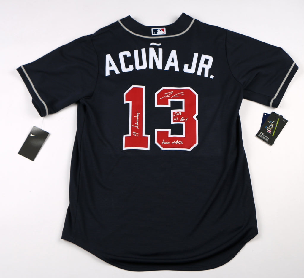 Ronald Acuna Jr. Signed Jersey Blue Atlanta Braves Acuna Auto 3 Inscriptions Beckett
