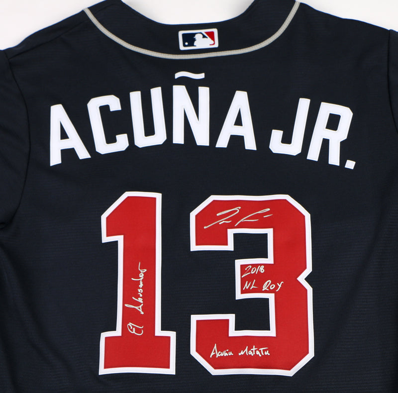 Ronald Acuna Jr. Signed Jersey Blue Atlanta Braves Acuna Auto 3 Inscriptions Beckett
