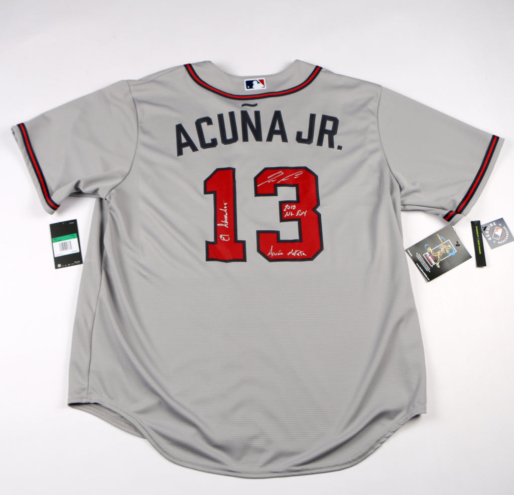 Ronald Acuna Jr. Signed Jersey Road Atlanta Braves Acuna Auto 3 Inscriptions Beckett
