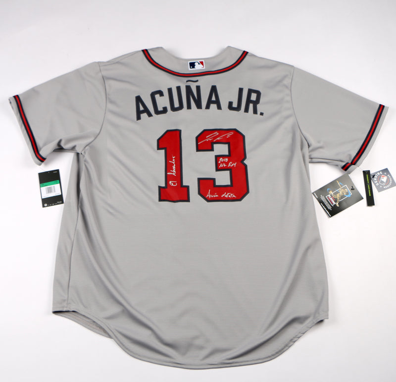 Ronald Acuna Jr. Signed Jersey Road Atlanta Braves Acuna Auto 3 Inscriptions Beckett