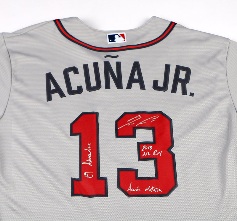 Ronald Acuna Jr. Signed Jersey Road Atlanta Braves Acuna Auto 3 Inscriptions Beckett