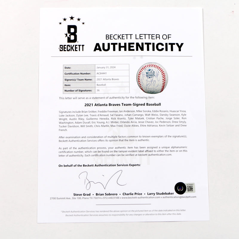 Atlanta Braves Freddie Freeman Riley Swanson Albies Soler and more Team Signed Official 2021 World Series Baseball