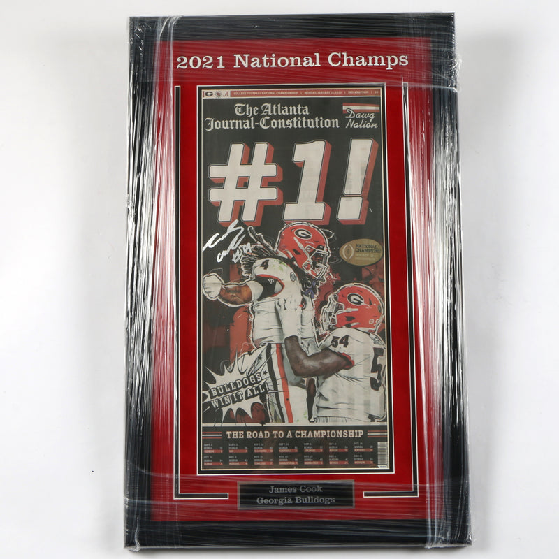 James Cook Georgia Bulldogs Signed "National Championship" Newspaper - Framed Display - Beckett COA