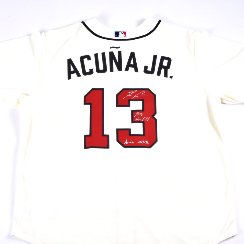 Ronald Acuna Jr. Signed Atlanta Braves Jersey Multiple Inscriptions - Cream