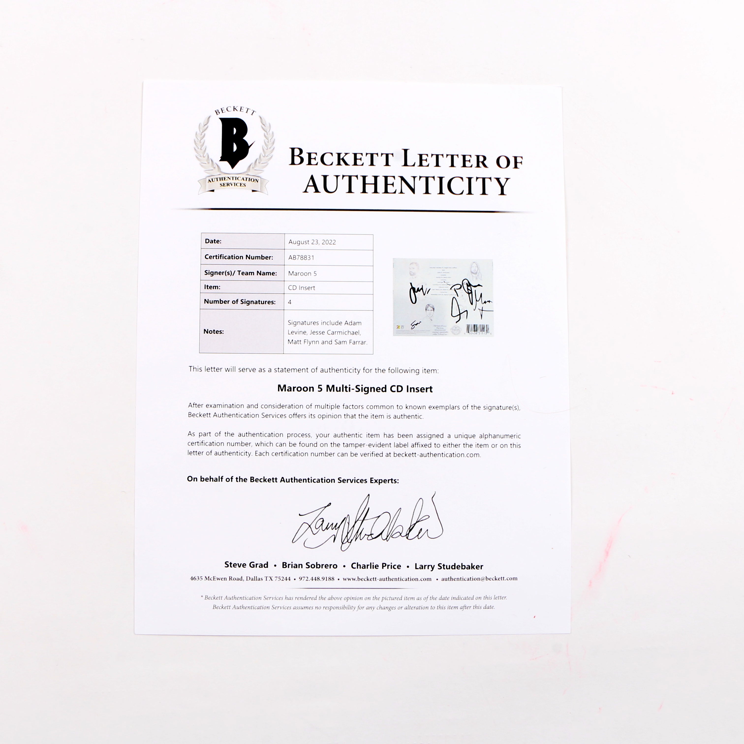 Maroon 5 Signed Album cover (Back) – More Than Sports