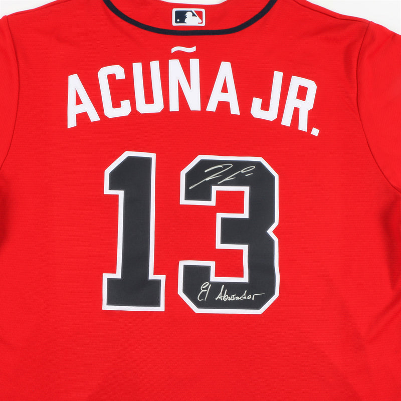 Ronald Acuña Jr. Signed Atlanta Braves Jersey with "El Abusador" Inscription - Red