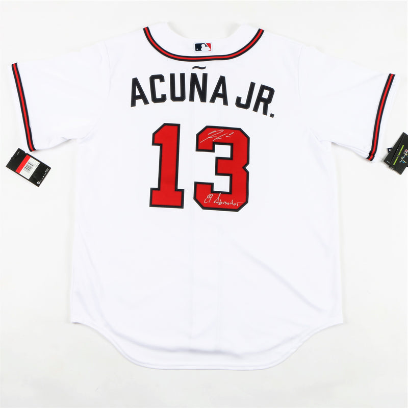 Ronald Acuña Jr. Signed Atlanta Braves Jersey with "El Abusador" Inscription - White