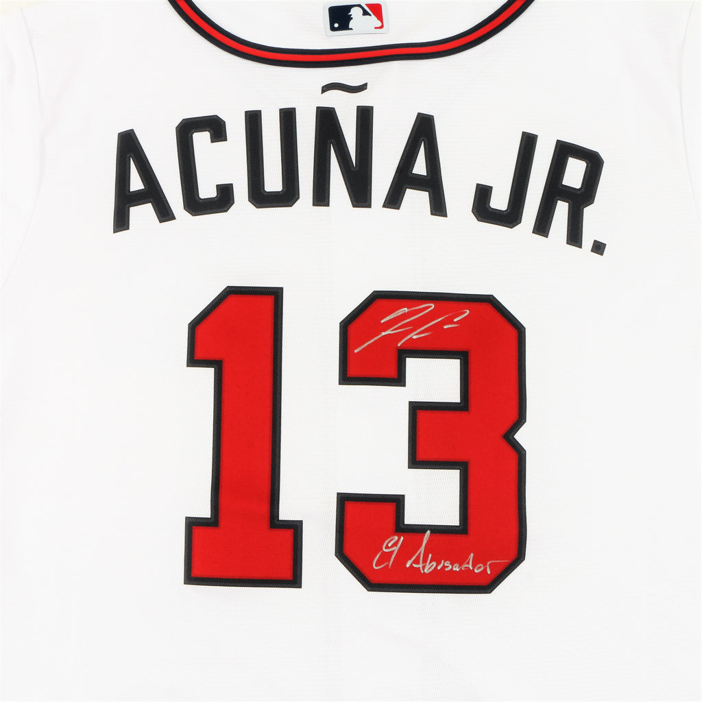Ronald Acuña Jr. Signed Atlanta Braves Jersey with "El Abusador" Inscription - White
