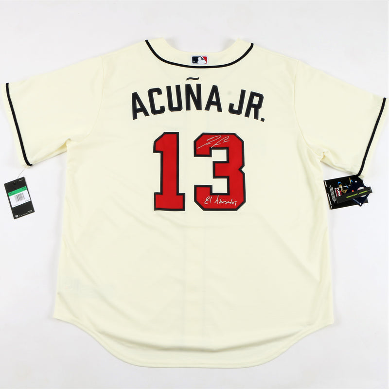 Ronald Acuña Jr. Signed Atlanta Braves Jersey with "El Abusador" Inscription - Cream